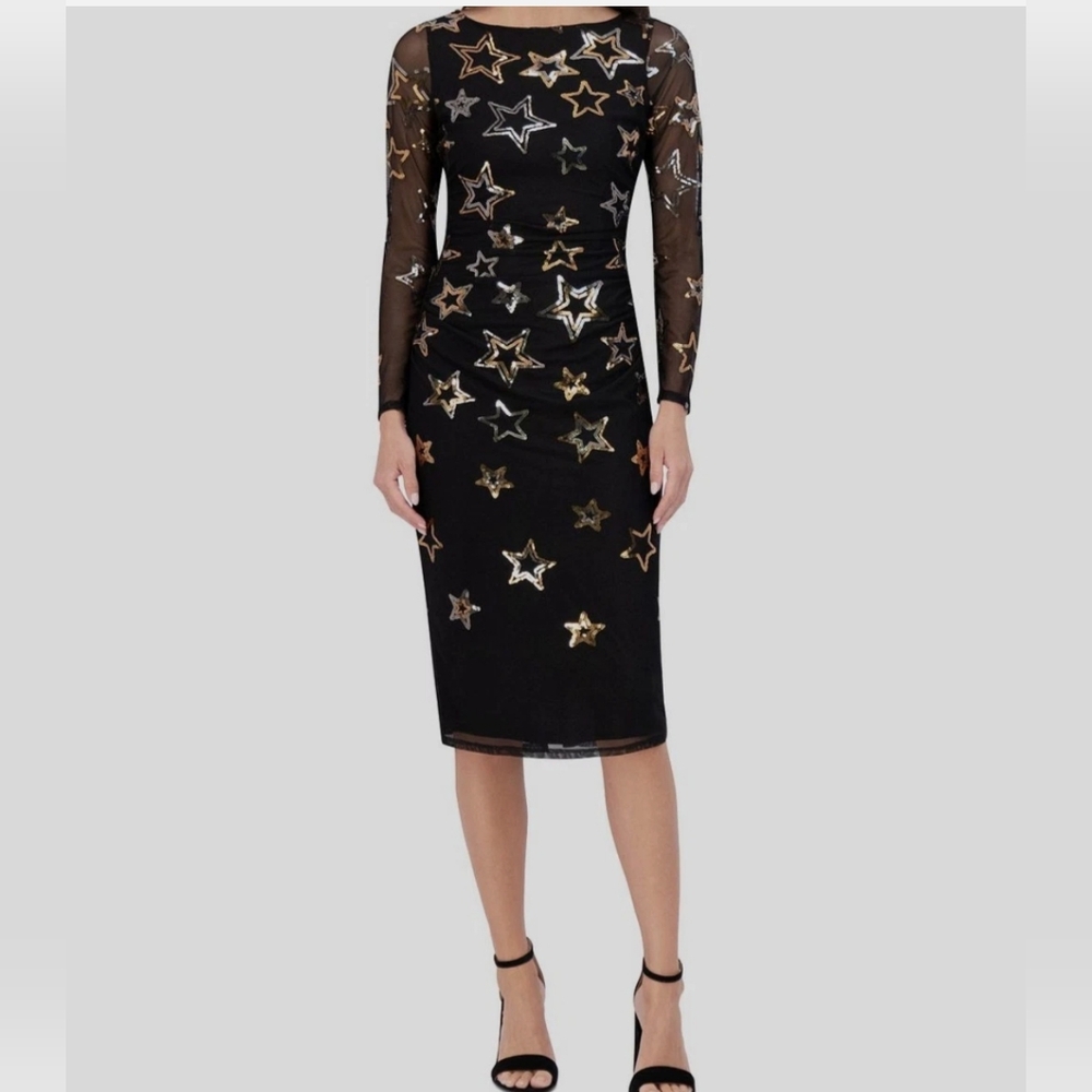 Vince Camuto Black Sequined Stars Mesh Bodycon Dress Sz 6